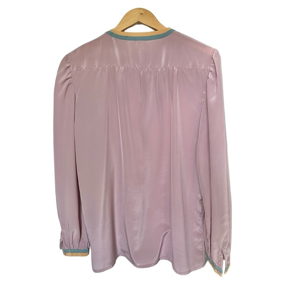 Vintage Karoline 1970's Blouse Mauve Asymetrical Pleats Green Gold Trim Fits M - Picture 8 of 11